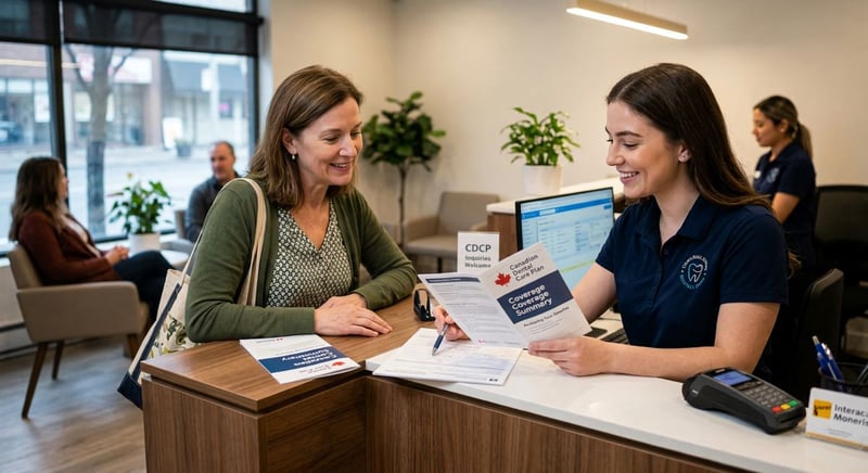 CDCP dentist explaining Canadian Dental Care Plan coverage to a patient during a friendly consultation at North Toronto Dental Centre in North York