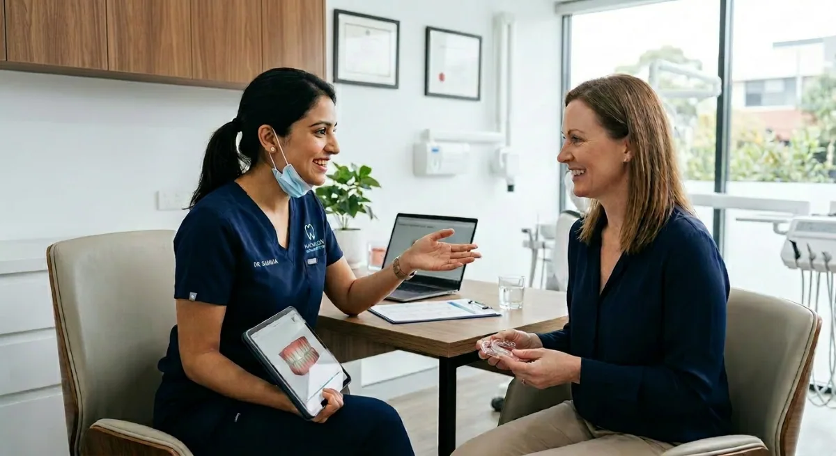 A dentist explaining Invisalign clear aligners to a patient during a consultation at North Toronto Dental Centre in North York