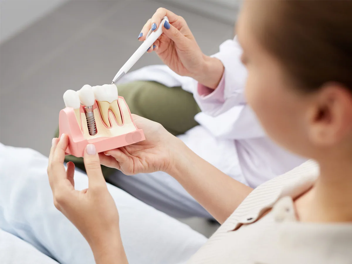 Dental Implants: How They Fuse with Your Jaw Bone | North Toronto Dental Centre Dentist explaining dental implant jawbone integration using a cross-section tooth model