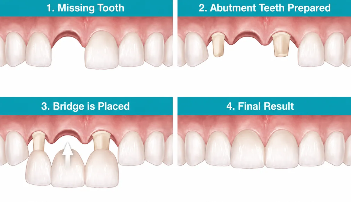 Crowns and Bridges North York | Dental Bridge Procedure Steps at North Toronto Dental Centre Dental bridge procedure steps showing missing tooth, abutment teeth preparation, bridge placement, and final result for crowns and bridges North York patients