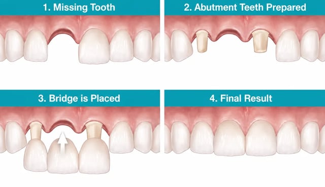 Dental bridge procedure steps showing missing tooth, abutment teeth preparation, bridge placement, and final result for crowns and bridges North York patients