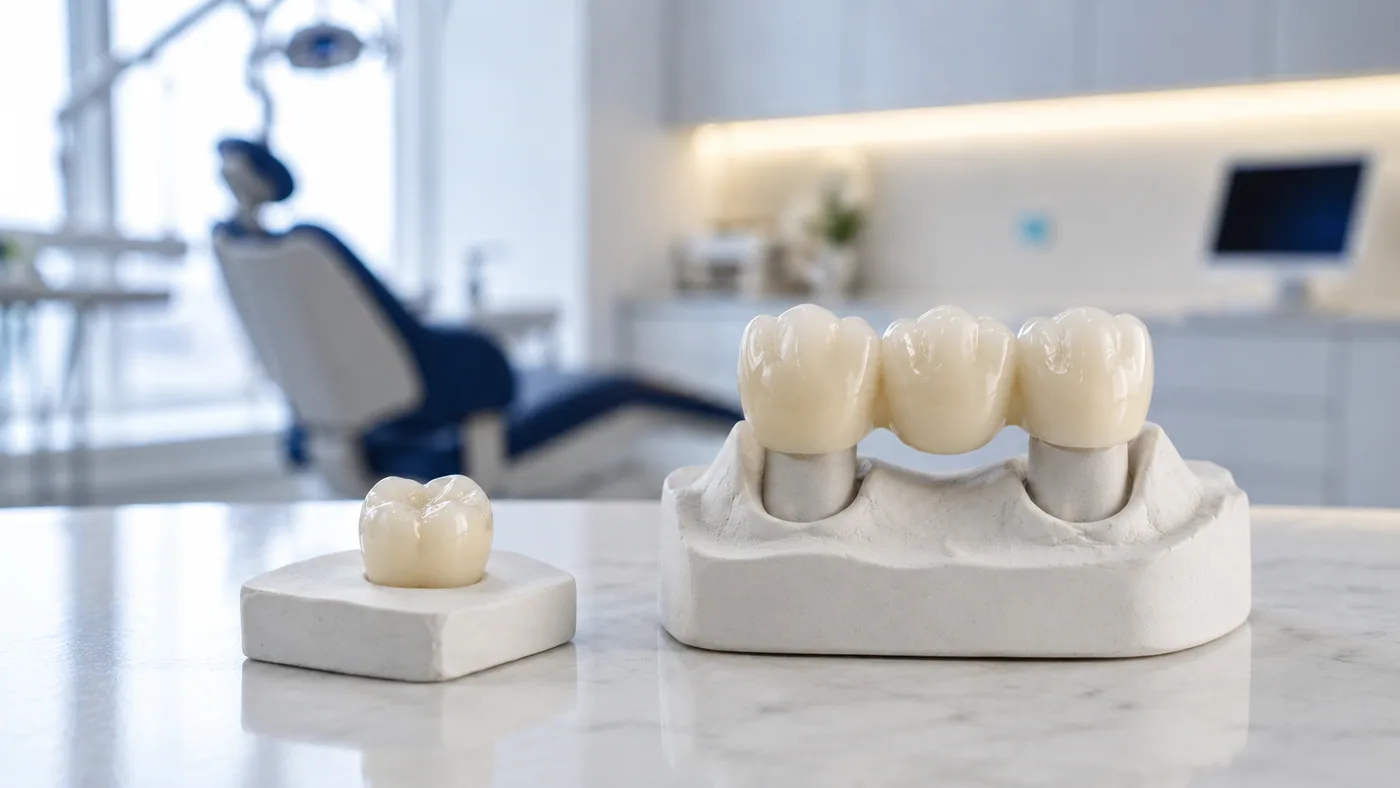Crowns and Bridges North York | Porcelain & Zirconia Dental Crowns and Bridges at North Toronto Dental Centre Crowns and Bridges North York — porcelain dental crown and three-unit ceramic dental bridge models on display at North Toronto Dental Centre