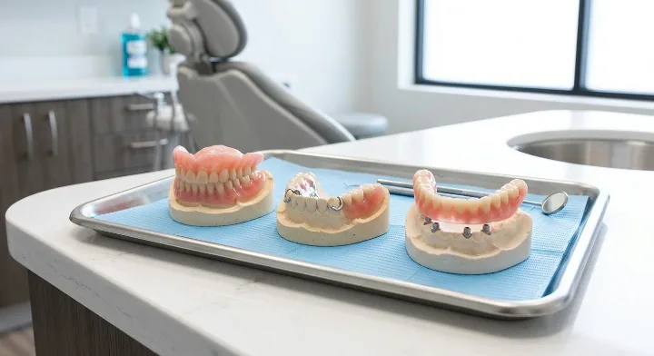 Full dentures, partial dentures, and implant-supported snap-on dentures displayed on dental models at North Toronto Dental Centre in North York