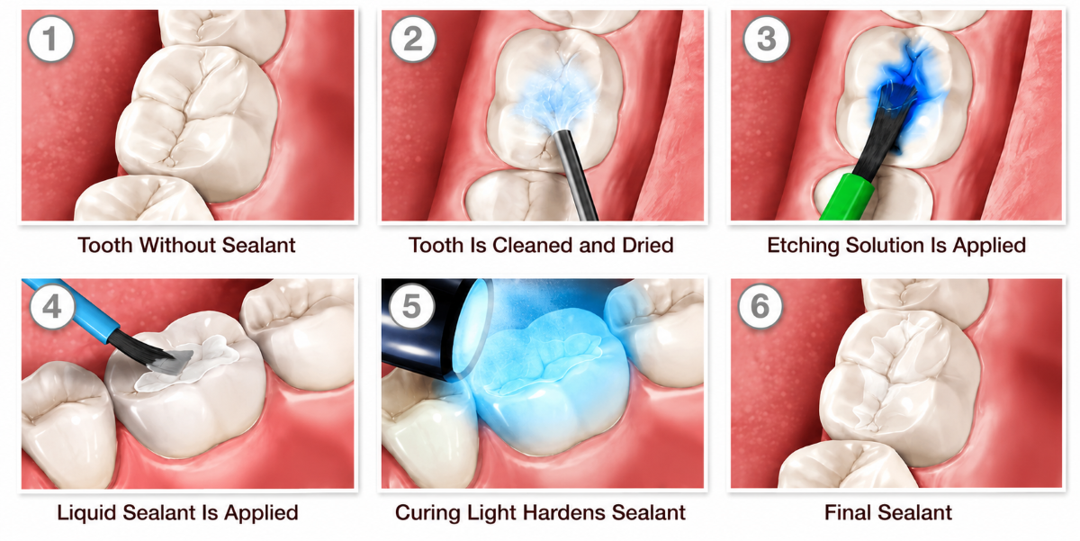 Step-by-step dental sealants procedure in North York showing tooth preparation, etching, liquid sealant application, UV curing light hardening, and final protective coating on molar chewing surfaces.