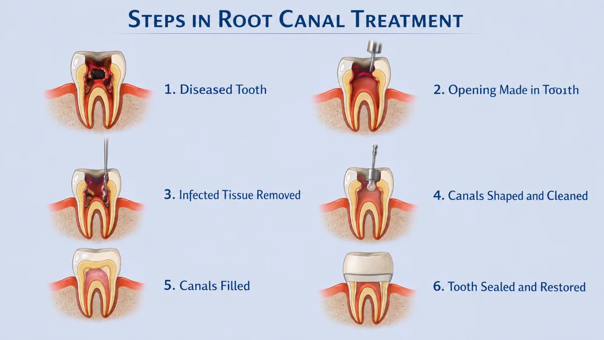 Six-step root canal procedure diagram showing diseased tooth, opening, infected tissue removal, canal cleaning and shaping, filling, and final restoration at North Toronto Dental Centre in North York