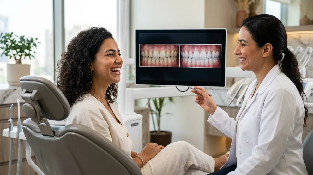 Dentist in North York showing a patient professional teeth whitening before-and-after results on a monitor during a cosmetic dentistry consultation