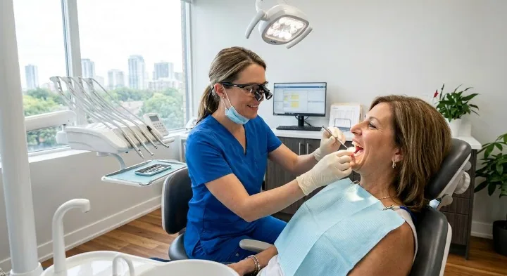 Oral Cancer Screening North York | Professional Oral Tissue Evaluation Dentist performing a comprehensive oral cancer screening on a patient in North York at North Toronto Dental Centre
