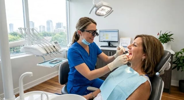 Dentist performing a comprehensive oral cancer screening on a patient in North York at North Toronto Dental Centre
