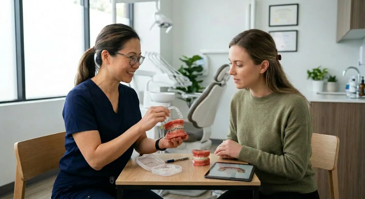 Invisalign vs braces consultation for adult patient comparing clear aligners and traditional braces in North York
