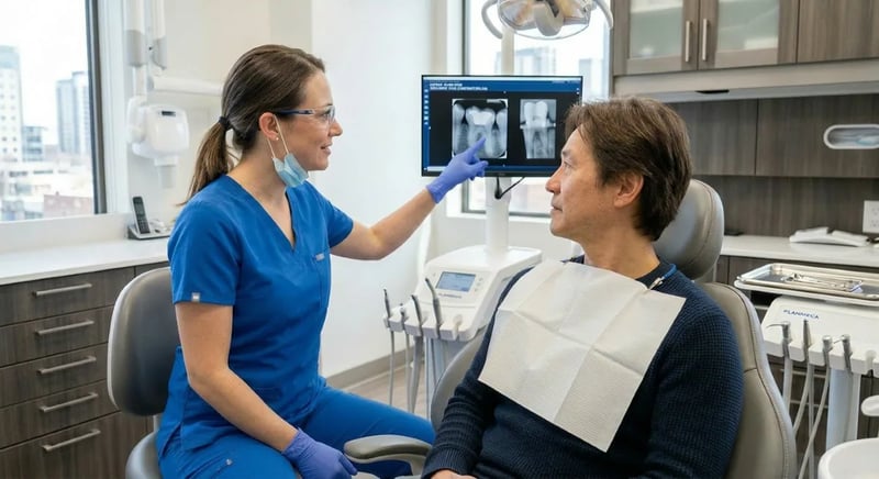 Dentist reviewing a digital dental X-ray with a patient during a tooth filling consultation at North Toronto Dental Centre in North York