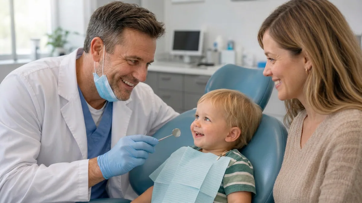 Pediatric Dentistry North York | Gentle Kids Dental Exam Pediatric dentist in North York performing a gentle dental exam on a smiling child while the mother watches comfortably at North Toronto Dental Centre