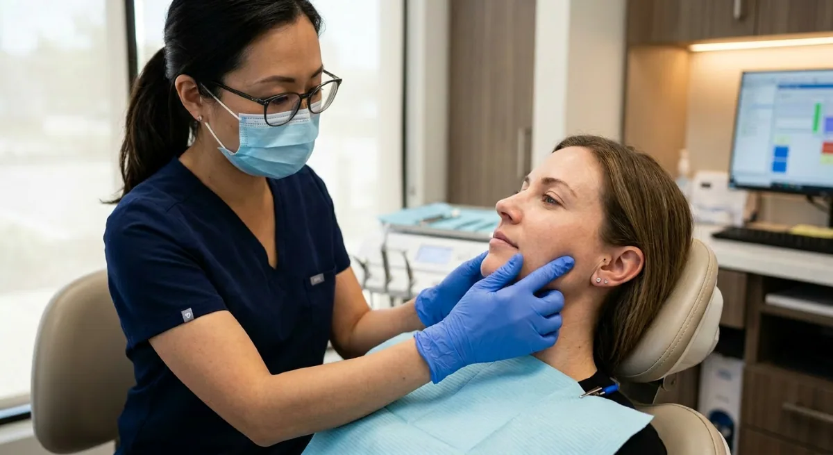 Therapeutic Botox North York dentist performing a TMJ functional evaluation and jaw muscle palpation on a patient before treatment