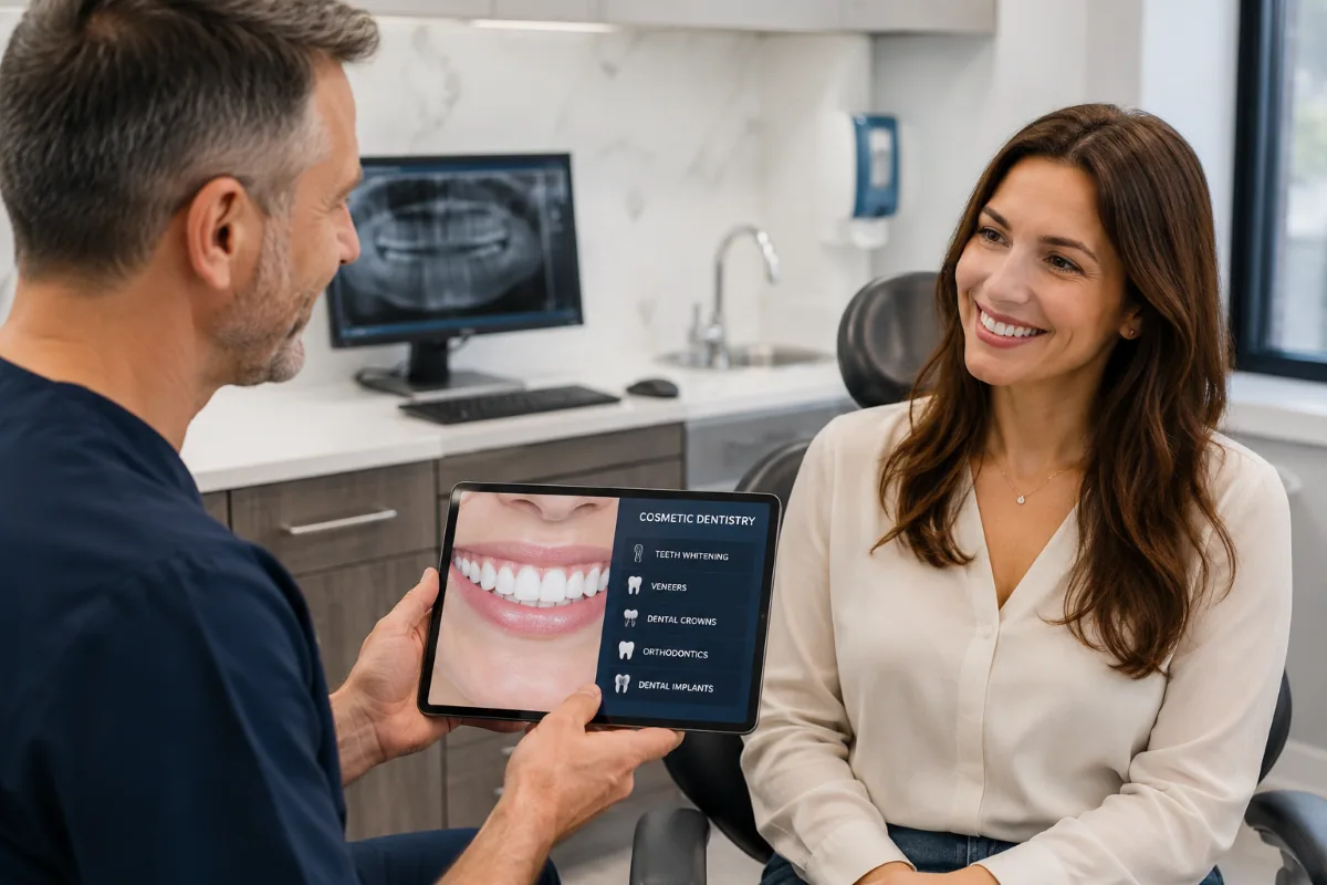 Smile Makeover in North York | Cosmetic Dentistry Consultation Smile makeover consultation in North York — dentist reviewing cosmetic dentistry treatment options with a patient on a tablet.