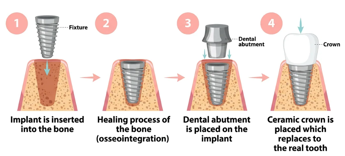 Dental implants in North York procedure steps showing implant fixture placement, osseointegration healing, abutment placement, and ceramic crown restoration.