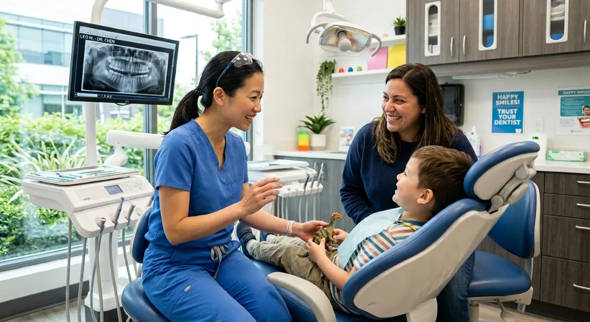 Family Dentist North York | Gentle Pediatric and Adult Dental Care at North Toronto Dental Centre A family dentist in North York gently explains dental care to a young patient while the parent observes, demonstrating compassionate family dental care for children and adults.