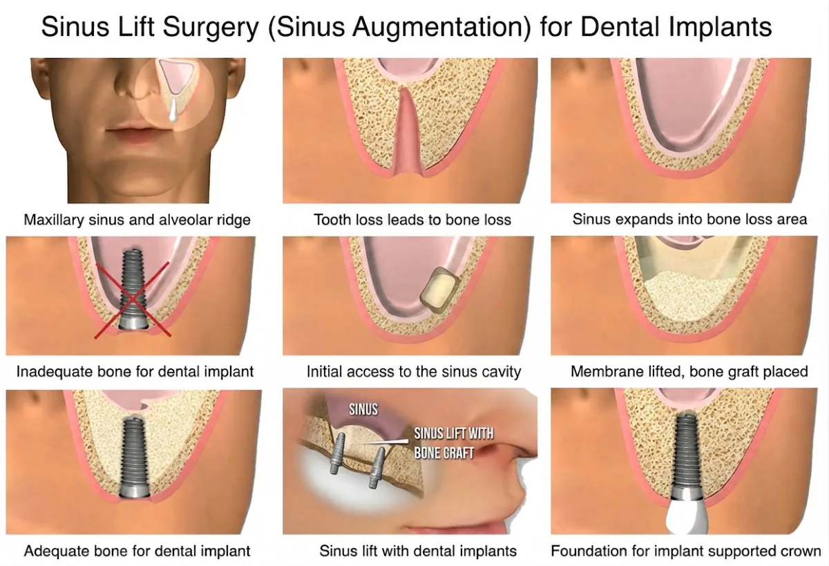 Sinus Lift Procedure Steps in North York | North Toronto Dental Centre Step-by-step sinus lift procedure illustration showing maxillary sinus anatomy, bone loss, membrane elevation, bone graft placement, and dental implant placement in North York.