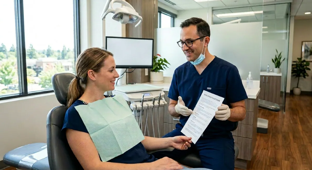 North York dentist reviewing tooth extraction aftercare instructions with a patient in the dental chair