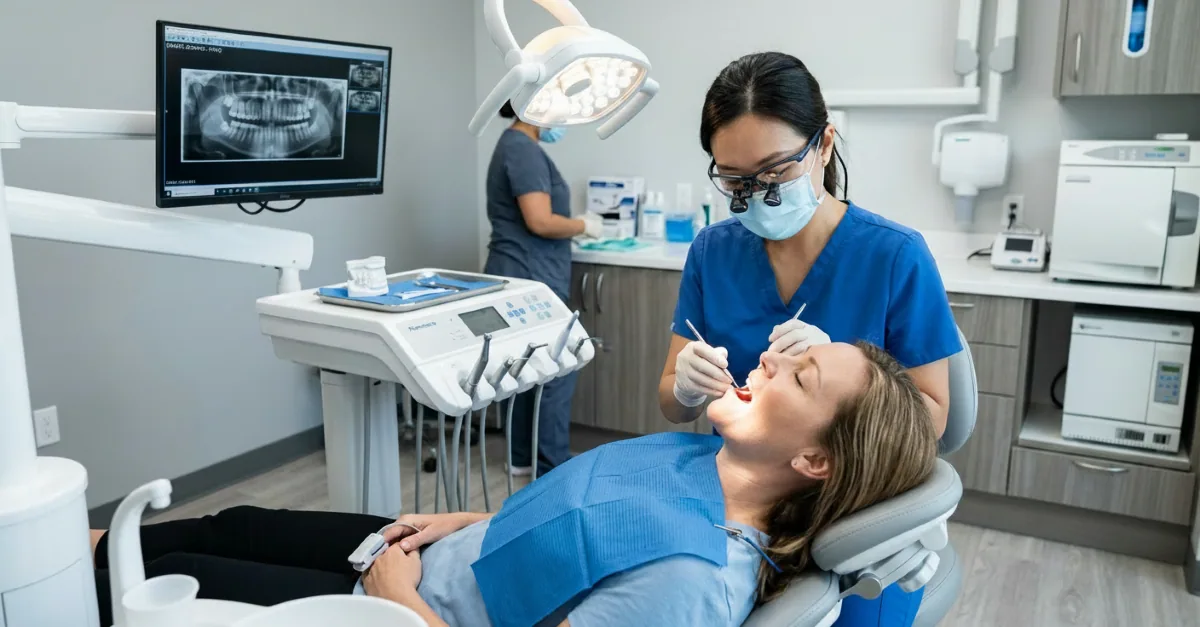 Sedation Dentistry North York | Patient Receiving Chairside Sedation Procedure Dentist administering sedation dentistry in North York to a relaxed patient during a chairside dental procedure