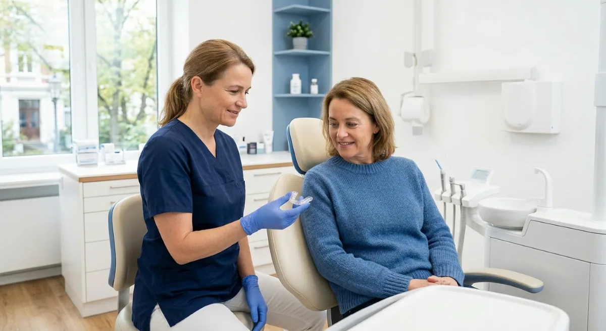 Dentist in North York fitting a custom occlusal night guard for a patient during a bruxism consultation