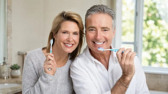 Smiling couple holding toothbrushes practicing daily dental hygiene at home in North York
