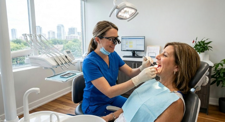 Dentist performing a comprehensive oral cancer screening on a patient in North York at North Toronto Dental Centre