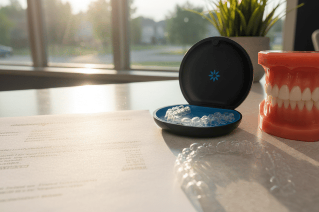 Invisalign cost consultation in North York showing clear aligner trays, a dental model, and a printed treatment price estimate on a desk