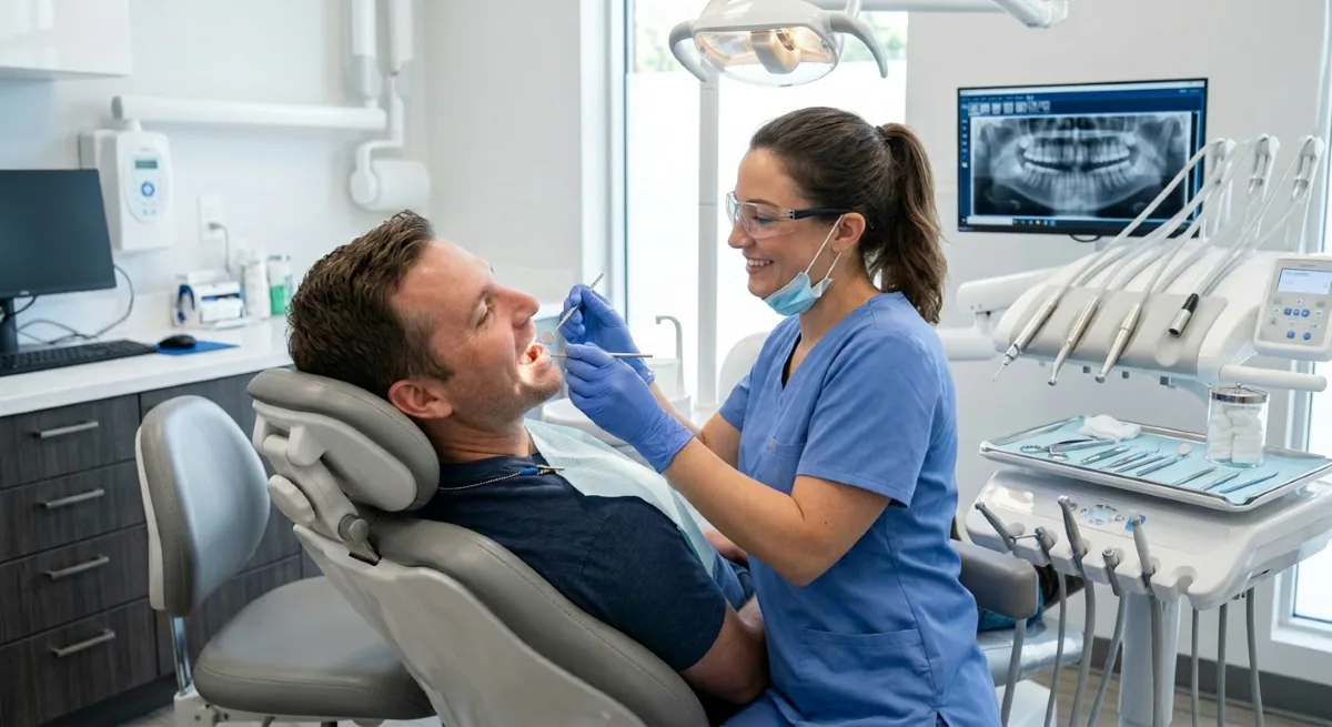 Dental Exam North York | Comprehensive Oral Health Assessment at North Toronto Dental Centre Dentist performing a comprehensive dental exam in North York on a male patient at North Toronto Dental Centre