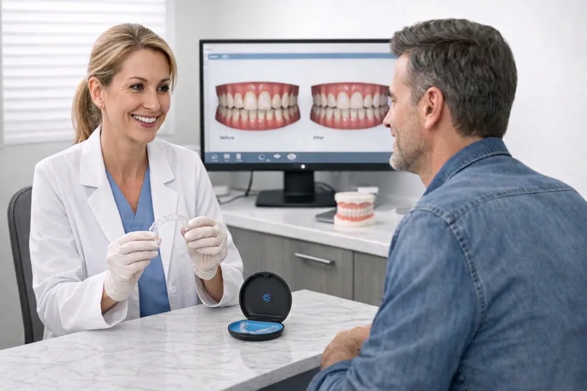Invisalign Cost Consultation in North York | Reviewing Treatment Plan and Clear Aligners Invisalign dentist in North York reviewing a digital before-and-after treatment plan and showing custom clear aligners to a patient during an Invisalign cost consultation