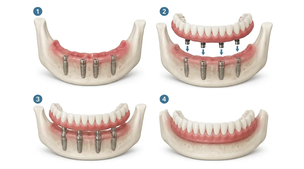 All-on-4 dental implants procedure steps in North York — four-stage full-arch implant placement and fixed prosthesis attachment at North Toronto Dental Centre.