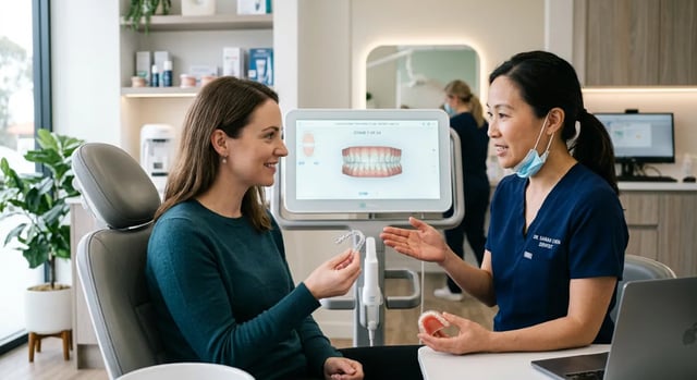 Clear aligners for adult teeth straightening in North York shown with before-and-after dental models