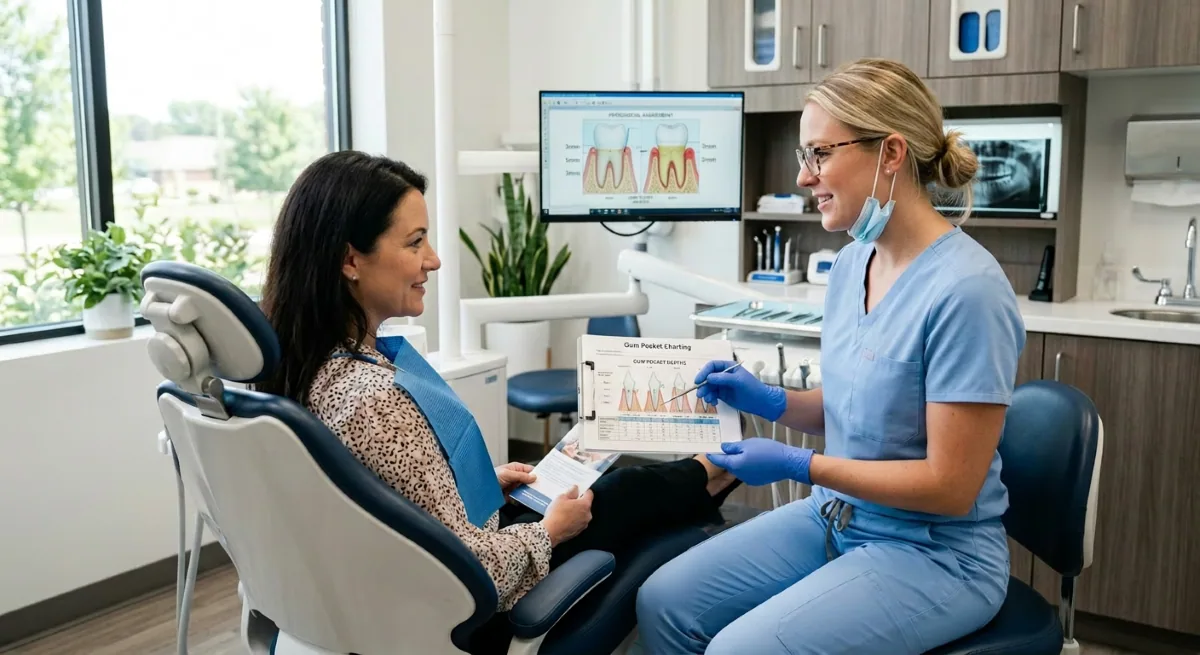 Dental hygienist reviewing gum pocket charting with a patient during scaling and root planing consultation in North York