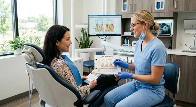 Dental hygienist reviewing gum pocket charting with a patient during scaling and root planing consultation in North York